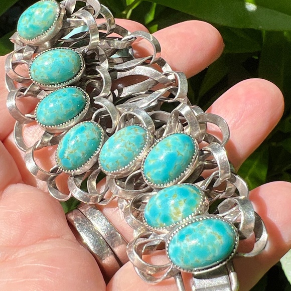 VINTAGE TURQUOISE FLEXIBLE DESIGN STATEMENT BRACELET 925 STERLING SILVER UNIQUE